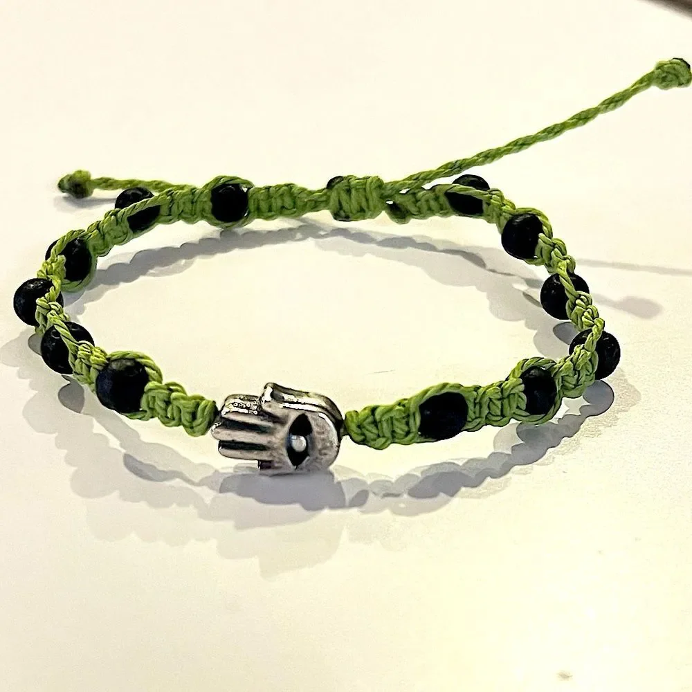 Silver Hamsa & Black Lava Bead Macrame Handmade Adjustable Bead Bracelet Unisex